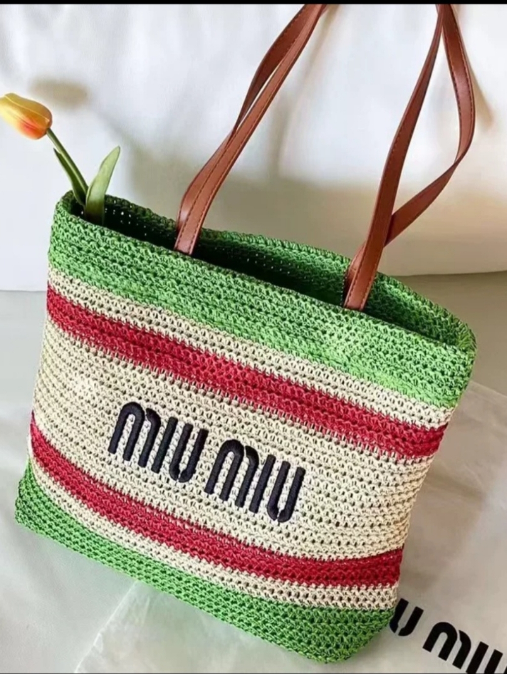 Miu Miu Embroidered Logo Green, Red & Cream Crochet Tote Bag